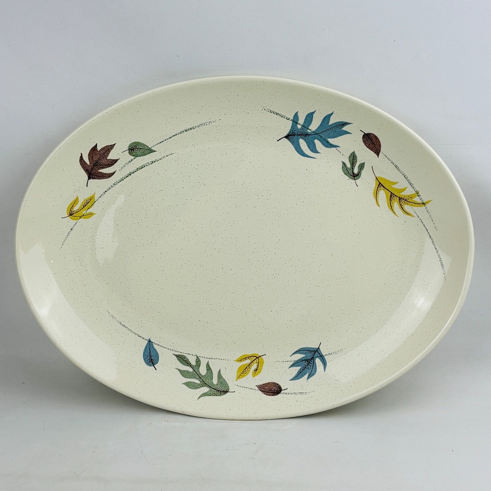 Franciscan Autumn Oval Serving Platter 13.75" Leaves Speckled MCM Vintage
